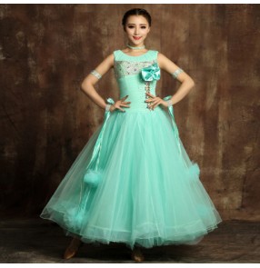 Mint green rhinestones tank sleeveless women's ladies female competition performance professional long length ballroom tango waltz dancing dance dresses outfits